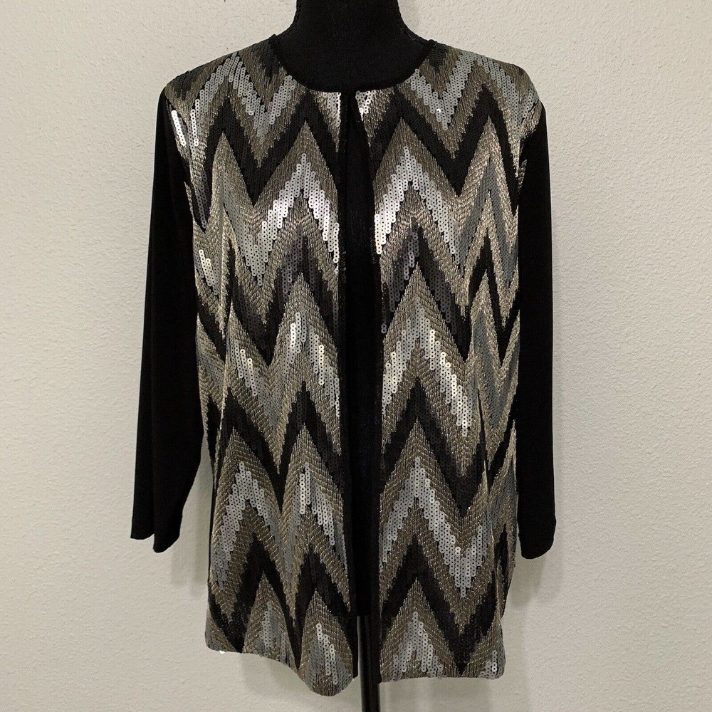 Chicos Travelers Cardigan Jacket Size 2 Large 12/14 Black Stella Sequin Evening